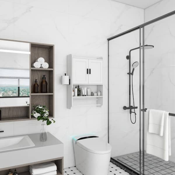 21.65 in. W x 7.48 in. D x 32.48 in. H Kitchen Bathroom Storage Wall Cabinet in White with Paper Holder and 2 Towel Bar
