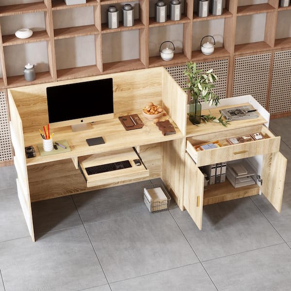 FUFU&GAGA 87.2 in. W Rectangle Wooden Grain and White 1-Drawer Computer Desk, Writing Desk, Reception Desk with Keyboard Tray