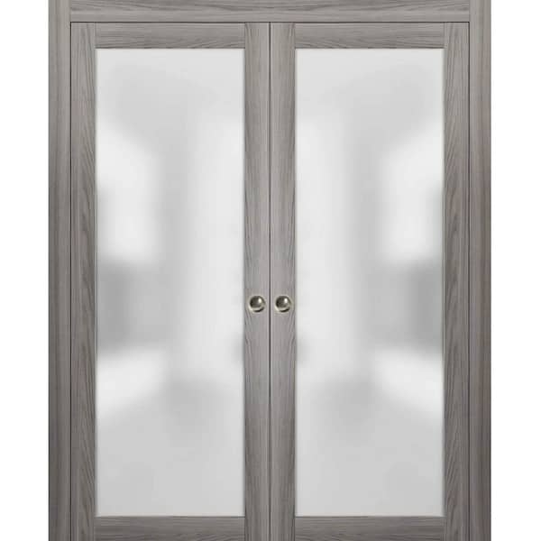 Assemble Required 48 in. x 96 in. 1-Panel Grey Finished Solid Wood Sliding Door with Double Pocket Hardware