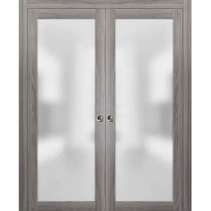 48 in. x 96 in. 1-Panel Grey Finished Solid Wood Sliding Door with Double Pocket Hardware