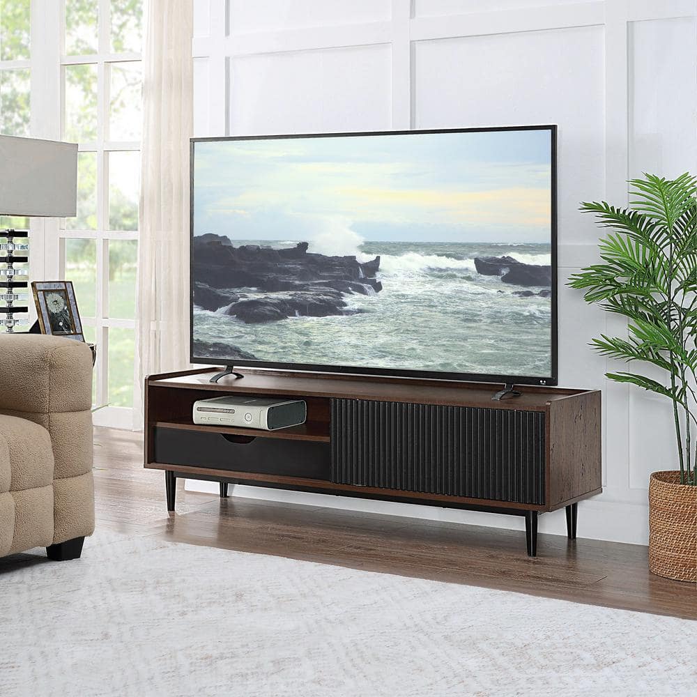Duane Dark Brown and Black Ribbed TV Stand with Iron Legs