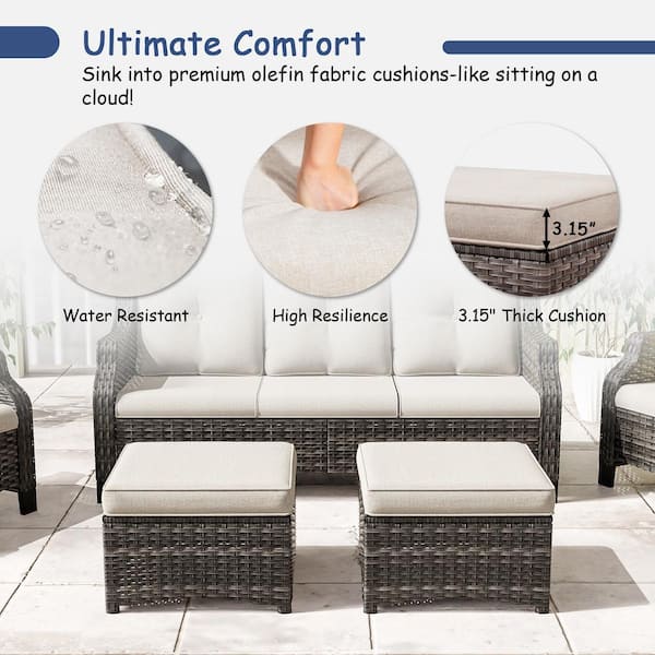 6-Piece Wicker Outdoor Patio Conversation Set Sectional Couch with Ottomans Brown Steel Table and Beige Cushions