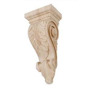 10 in. x 4-1/2 in. x 3-1/4 in. Unfinished Small Hand Carved North American Solid Hard Maple Acanthus Leaf Wood Corbel