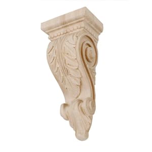12-1/4 in. x 5-3/8 in. x 3-7/8 in. Unfinished Hand Carved North American Solid Hard Maple Acanthus Leaf Wood Corbel