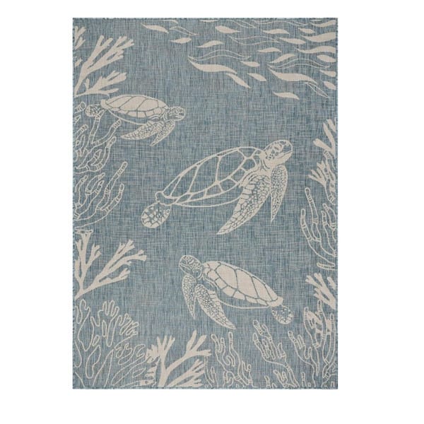 Blue, Gray 8 ft. x 9 ft. Loomed Polypropylene Indoor/Outdoor Area Rug