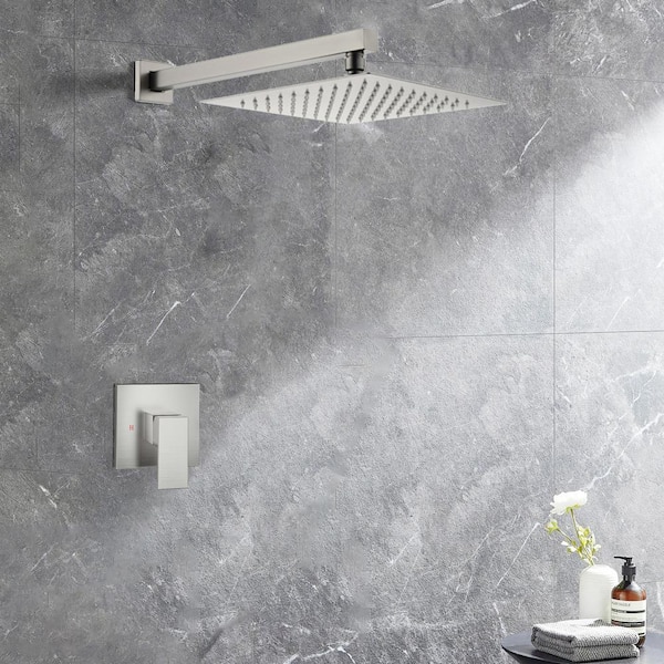 Single-Handle 1-Spray Square Spray Head Wall Mounted Shower Faucet in Brushed Nickel (Valve Included)