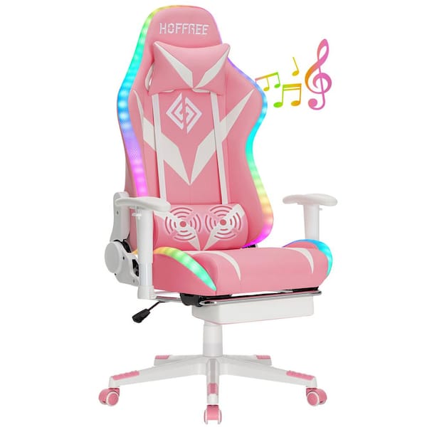 Hoffree Faux Leather Massage LED Reclining Ergonomic Gaming Chair in Pink with Bluetooth Speakers and Adjustable Armrest