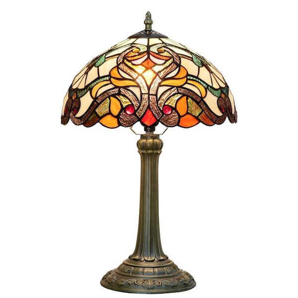 Lasaideal 19 in. Multi-Colored Tiffany Style Bronze Finish Table Lamp with Baroque Stained Glass Lamp Shade