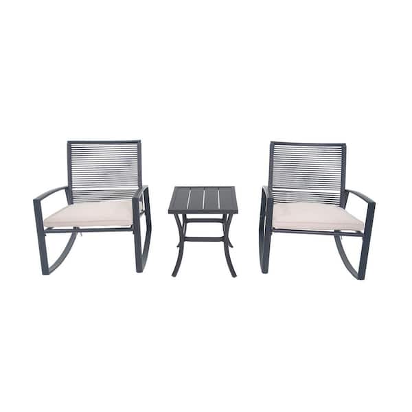 3-Piece Metal Outdoor Serving Bar Set with Beige Cushion