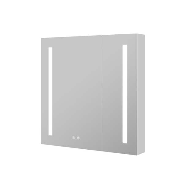 30 in. W x 30 in. H Aluminum Recessed or Surface Mount Medicine Cabinet with Mirror 2 Door Dimmer LED Lighted,Defogger