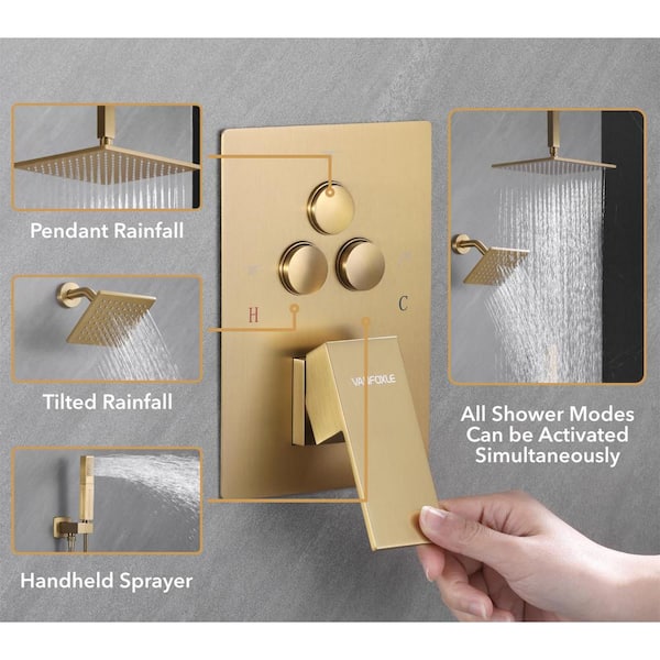 Single Handle 4-Spray Shower Faucet 1.8 GPM 10 in. Square Ceiling Mounted Shower with Pressure Balance in. Brushed Gold