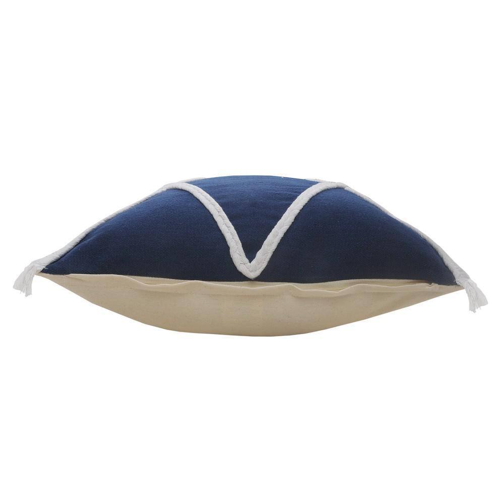 Coastal Square Navy and White Braided Tasseled Throw Pillow