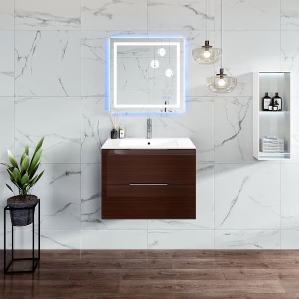 Galsaky 28 in. Single Sink Floating Wenge Bath Vanity with White Porcelain Top (Assembled)