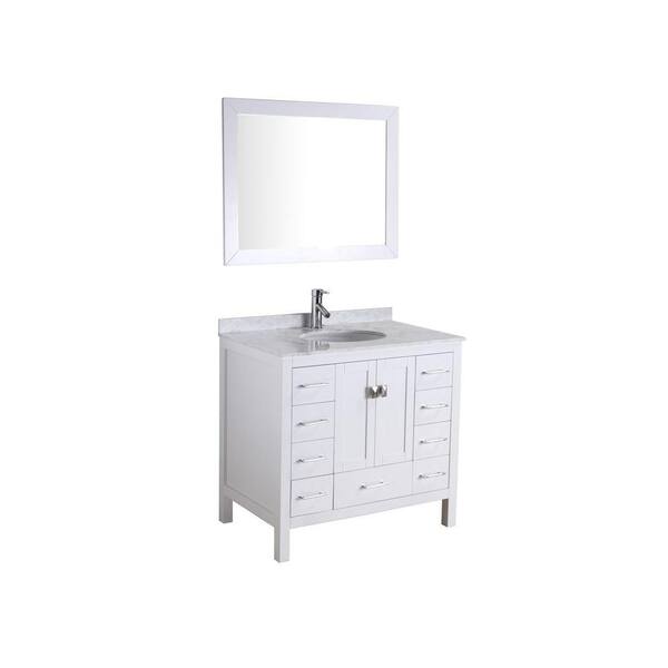 Virtu USA 34-5/8 in. Single Basin Vanity in White with Marble Vanity Top in Italian Carrara White and Framed Mirror-DISCONTINUED