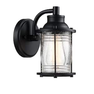 8.31 in. 1- Light Black Outdoor Wall Mount Lantern Sconce with Seeded Glass Shade, No Bulbs Included
