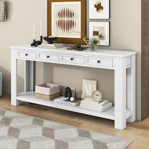 63 in. Antique White Rectangle Wood Console Table with Storage Drawers and Bottom Shelf for Entryway Hallway