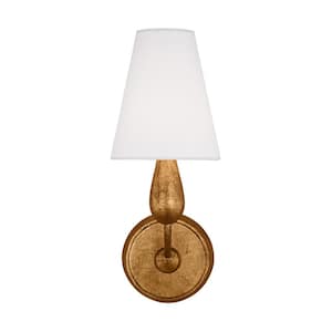 Ziba 5.5 in. W x 15 in. H 1-Light Antique Gild Transitional Dimmable Small Wall Sconce with White Linen Fabric Shade