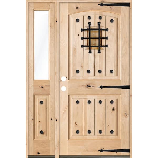 50 in. x 80 in. Mediterranean Knotty Alder Arch Unfinished Right-Hand Inswing Prehung Front Door/Left Half Sidelite