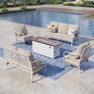 White 5-Piece Metal Outdoor Patio Conversation Seating Set with 50000 BTU Propane Fire Pit Table and Beige Cushions