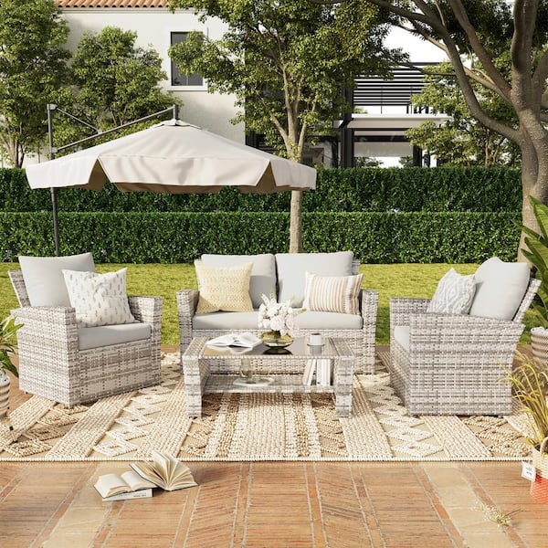 ELPOSUN 4-Piece Gray Wicker Outdoor Patio Conversation Sofa Seating Set with Gray Cushions, Loveseat, Tempered Glass Side Table