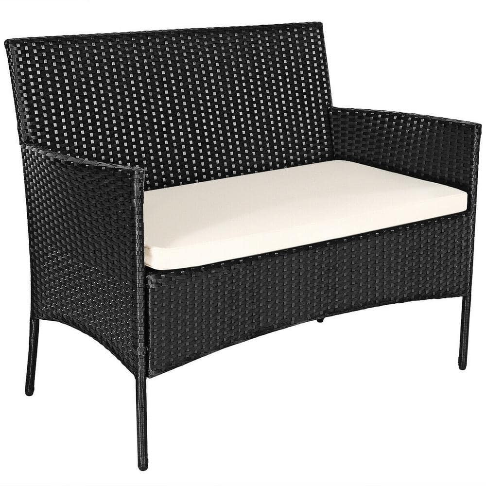 Modern Black Wicker 4-Piece Patio Set with White Cushions