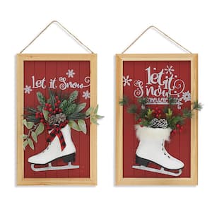 23 in. H Wood Holiday Wall Sign w/Skate & Floral Accents(Set of 2 )