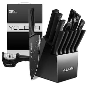 15 Piece Kitchen Steel Knife Set with Block and Non Stick Coating, Black