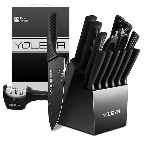  Hundop knife set, 15 Pcs Black knife sets for kitchen with block  Self Sharpening, Dishwasher Safe, 6 Steak Knives, Anti-slip handle: Home &  Kitchen