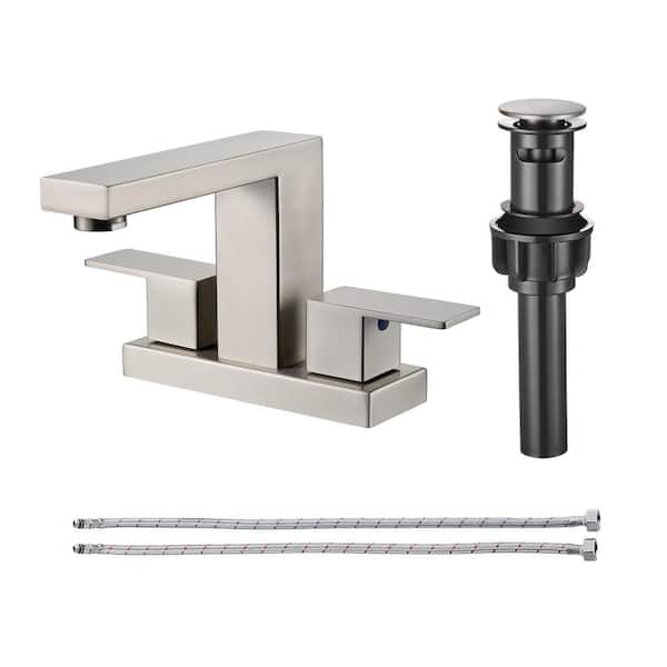 Heemli 304 stainless steel 4 in. Centerset Double Handle Bathroom Faucet with Drain Kit Included in Brushed Nickel