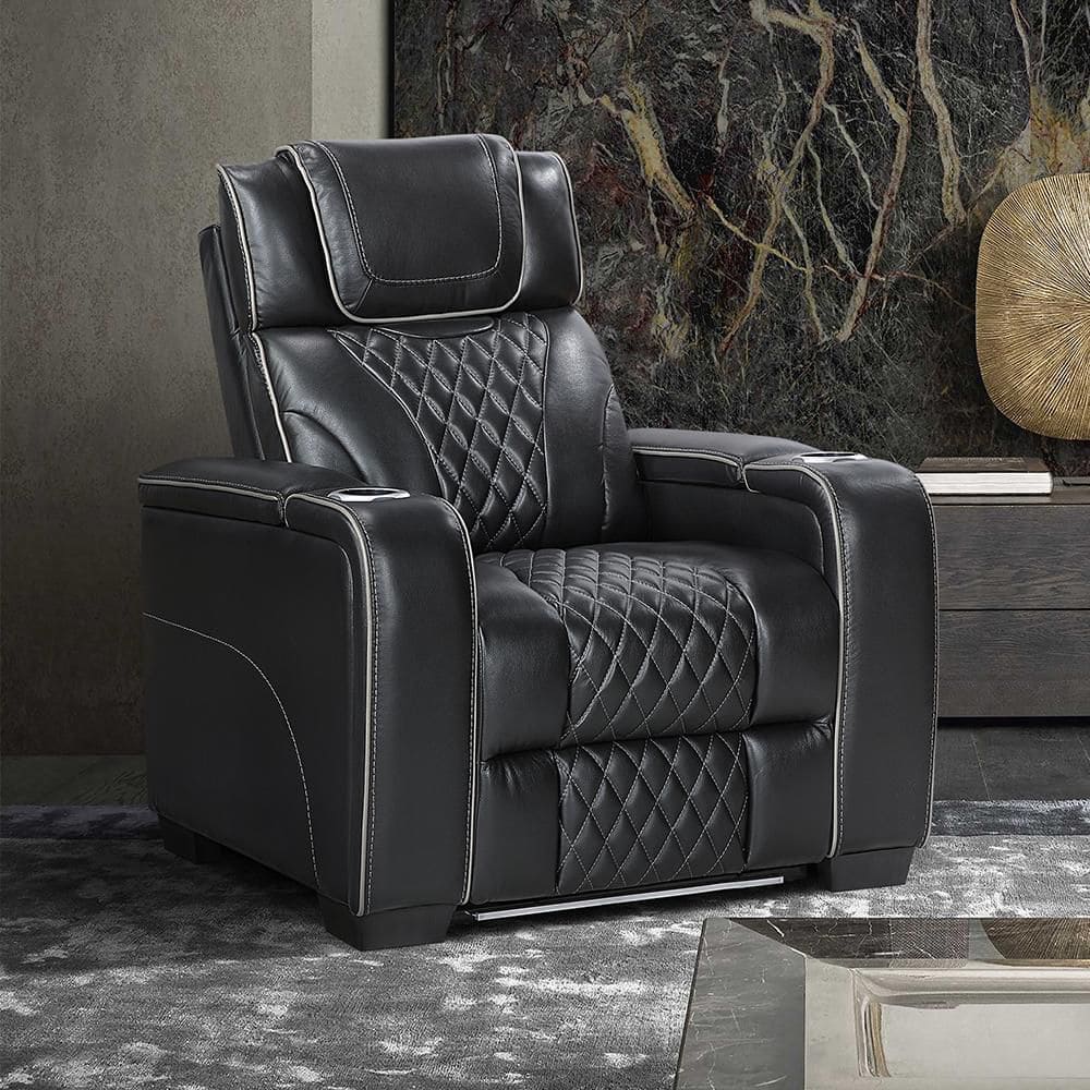 Lazzara Cassian Black Leather Power Recliner with Power Headrest