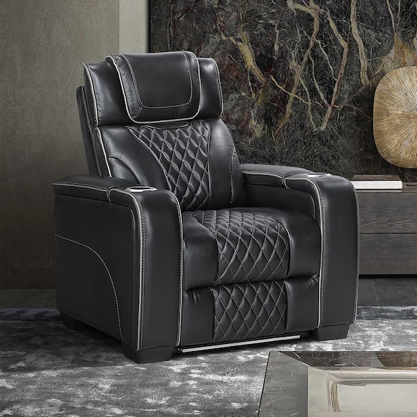 Cassian Black Leather Power Recliner with Power Headrest, Storage Arms with Cup Holders and Air Massage and Heat