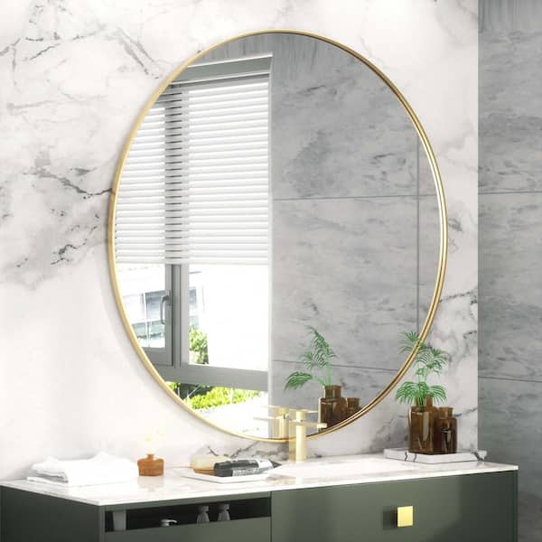 PRIMEPLUS 30 in. W x 30 in. H Large Round Stainless Steel Bathroom Mirror Vanity Mirror Wall Decorative Mirror in Brushed Gold