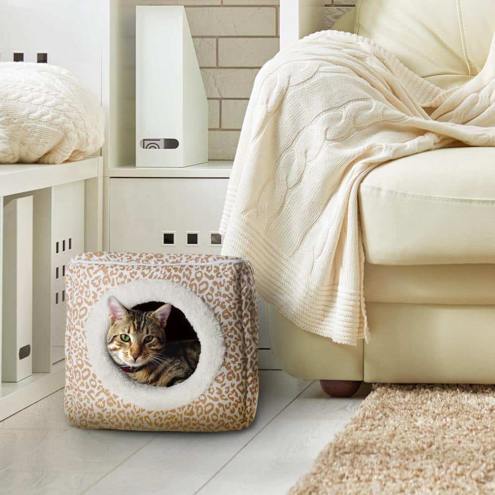 Small Tan and White Animal Print Orthopedic Pet Cave