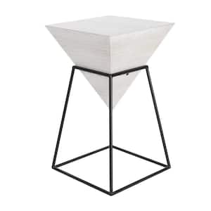 14 in. White Inverted Pyramid Geometric Large Triangle Wood End Table with Black Metal Stand