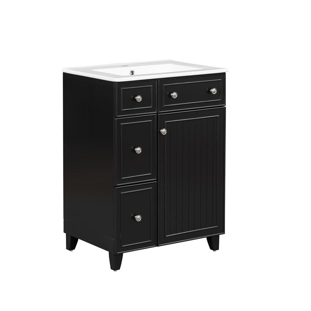 24 in. W Single Sink Freestanding Bath Vanity in Black with White Ceramic Top Unassembled
