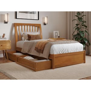 Roslyn Light Toffee Natural Bronze Solid Wood Frame Twin XL Platform Bed Panel Footboard Storage Drawers