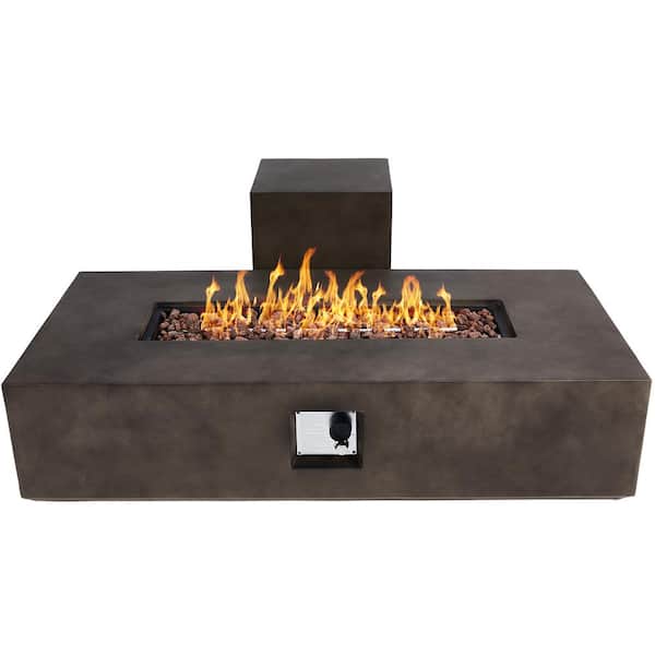 UPHA 56 in. x 28 in. Rectangle Outdoor Concrete Propane Fire Pit with Lava Rocks in Brown