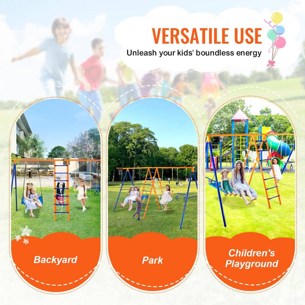Orange and Blue 6-in-1 Metal Swing Set with Climbing Net