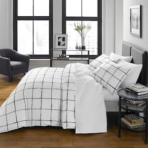 Zander 3-Piece White Geometric Microfiber Full/Queen Duvet Cover Set