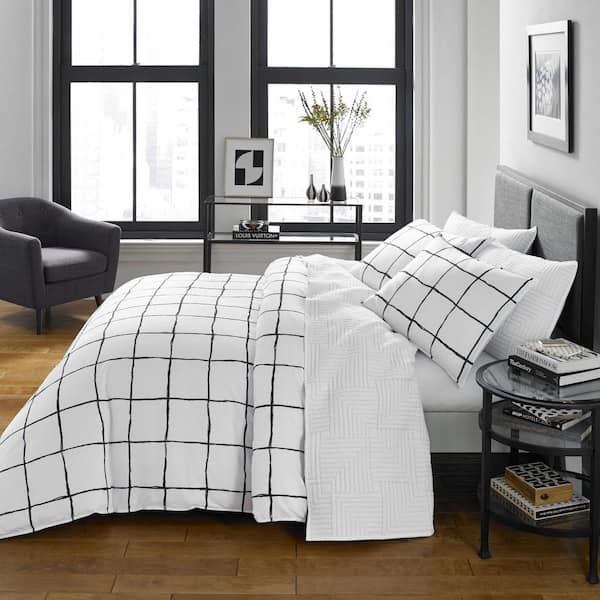 City Scene Zander 3-Piece White Geometric Microfiber Full/Queen Duvet Cover Set