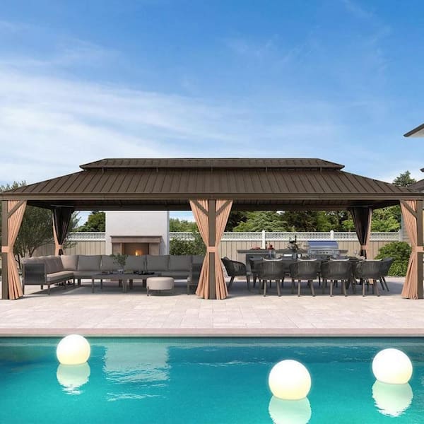 12 ft.x 28 ft.Bronze Aluminum Power-Coated Frame Galvanized Steel Double Roof Hardtop Gazebo,Hooks,Netting,Khaki Curtain