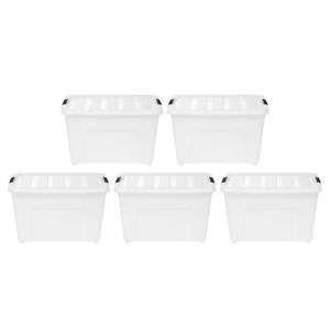 51 Qt. Stack and Pull Nesting Storage Tote, with Black Latching Clips, in White, (5 Pack)