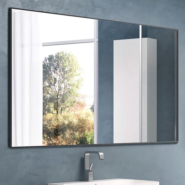 HOMEMYSTIQUE 36 in. W x 24 in. H Large Rectangular Single Simple Aluminum Framed Wall Mounted Bathroom Vanity Mirror in Black