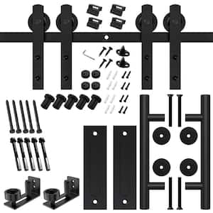 12 ft./144 in. Black for Double Doors Steel Sliding Barn Door Track and Hardware Kit with 12 in. Round Handle Set