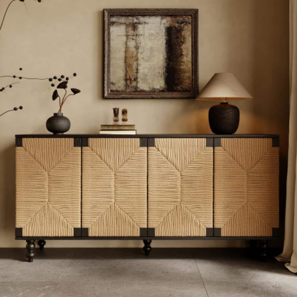 Sideboard Buffet – Seagrass Woven Doors, Black Woodgrain, 5 Solid Wood Legs