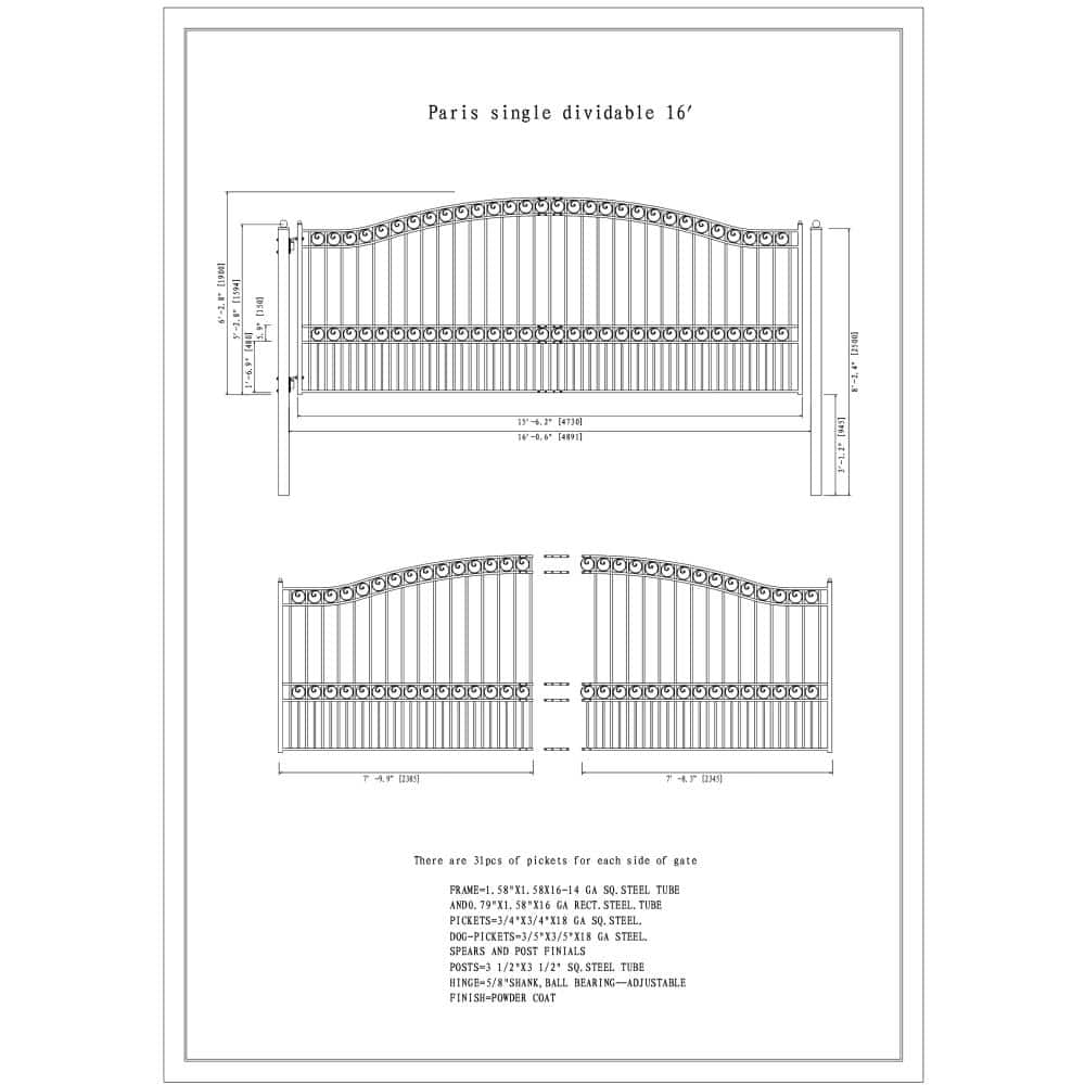 Paris Style Black Steel Sliding Driveway Gate with Pedestrian Gate