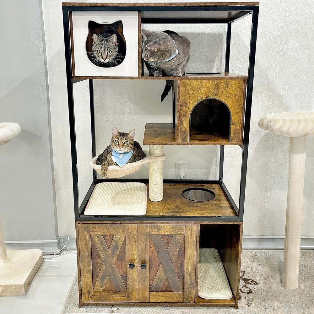 Brown Wooden 3-Story Cat Condo with Sisal Scratching Post