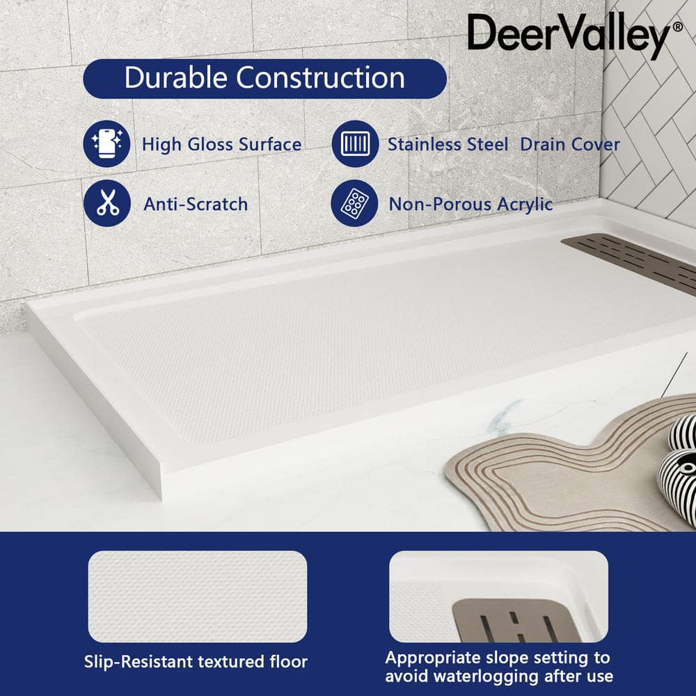 60" x 32" White Acrylic Shower Base with Stainless Steel Drain Cover