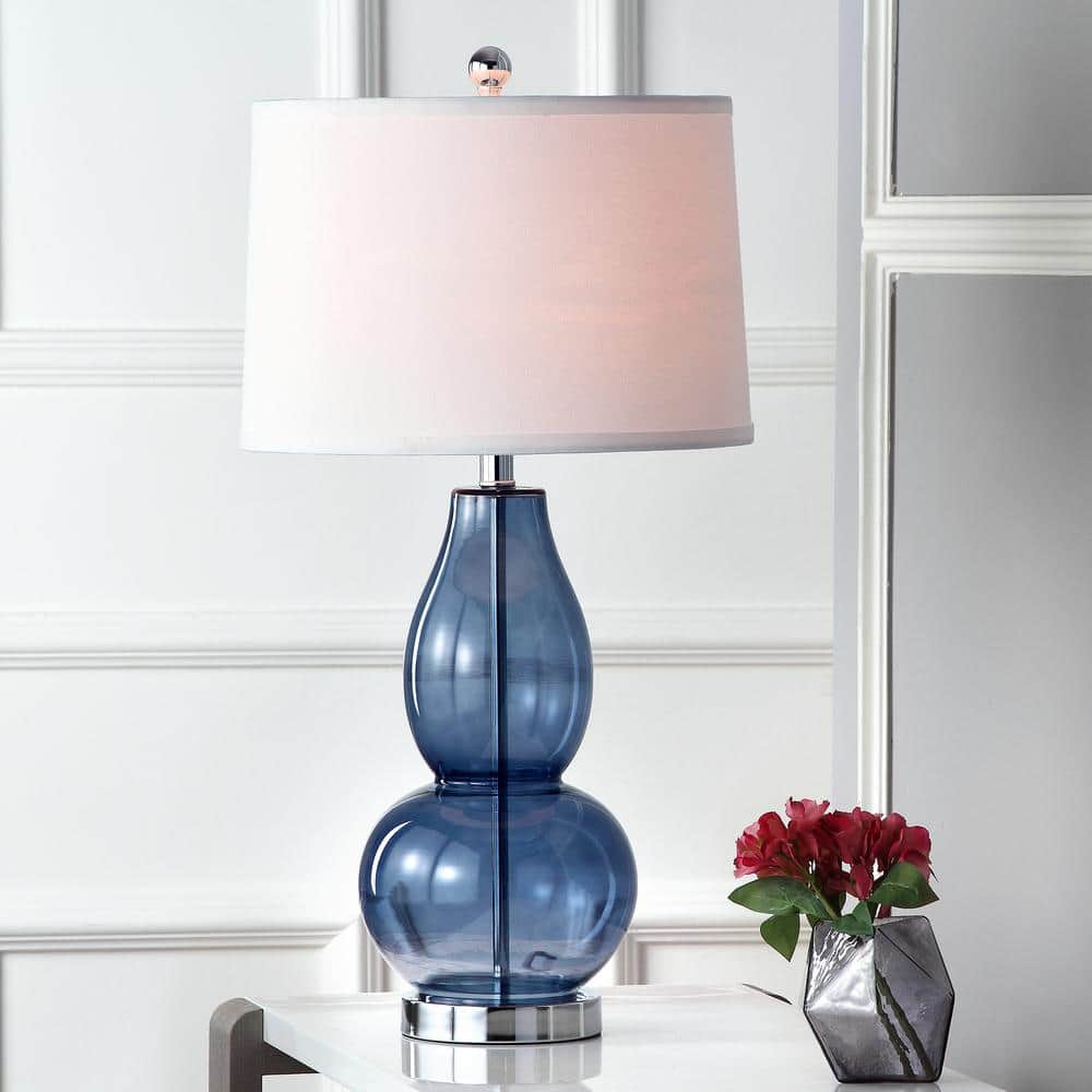 Blue Double Gourd Glass Table Lamp Set with White Shades
