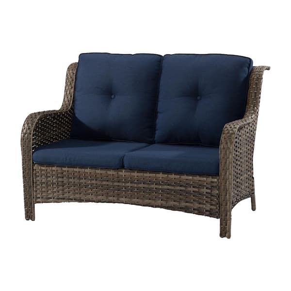 Brown Wicker Outdoor Patio Deep Seating Loveseat Couch with Blue Cushions